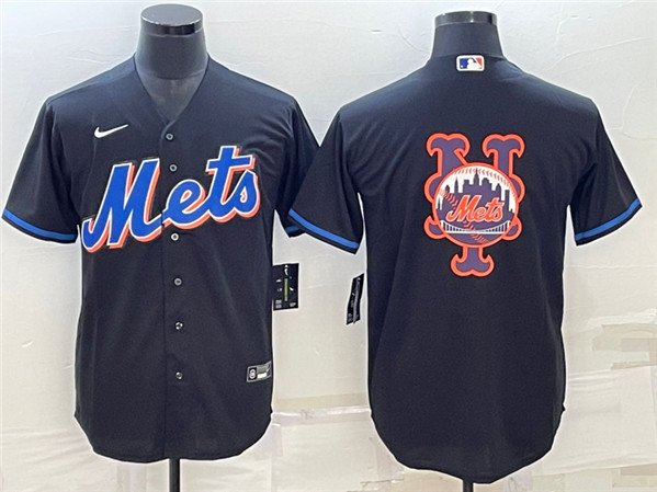 Men's New York Mets Black Team Big Logo Cool Base Stitched Baseball Jersey - Click Image to Close